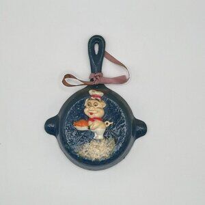 Vintage HOLT Painted Blue Mini Cast Iron Skillet Fry Pan Decorative Pig Ribbon